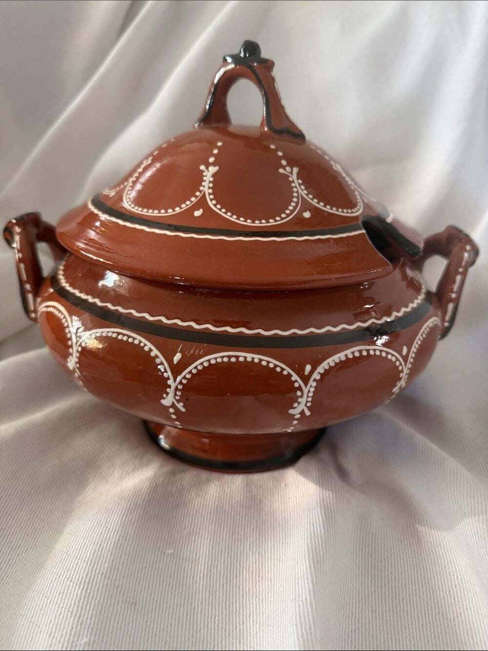 Vintage Hand-Painted Portuguese Terracotta Glazed Tureen with Lid & Ladle Slot